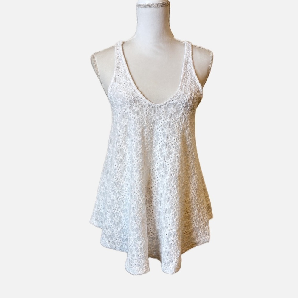 Free People Beach White Lace Top Overlay Cut Out Back Tank Top Size Medium